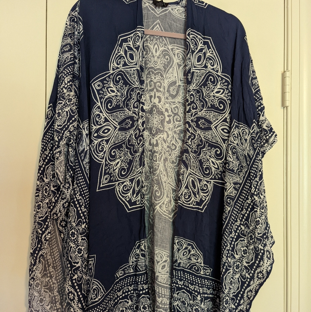 Blue and white boho coverup